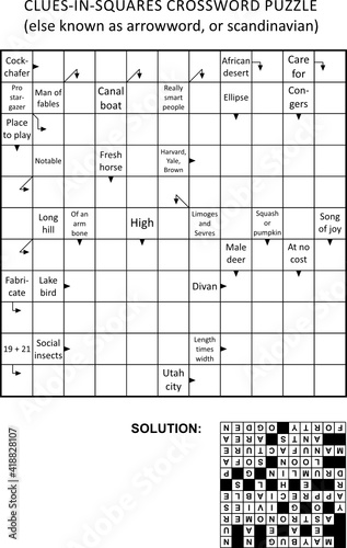 Clues-in-squares crossword puzzle, or arrow word puzzle, else arrowword, scandinavian, or scanword, skanword. General knowledge, non-themed, family friendly. Solution included.
