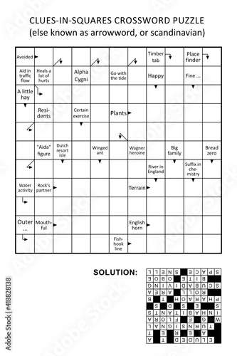 Clues-in-squares crossword puzzle, or arrow word puzzle, else arrowword, scandinavian, or scanword, skanword. General knowledge, non-themed, family friendly. Solution included.
