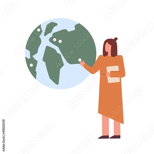 Geography teacher lecturing and showing globe or Earth planet model. Scene wi...