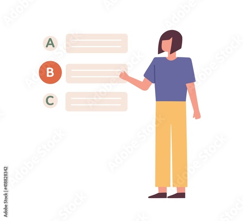 Female student passing test, and choosing wrong answer. Woman making mistake or error during exam. Education concept. Colored flat vector illustration isolated on white background
