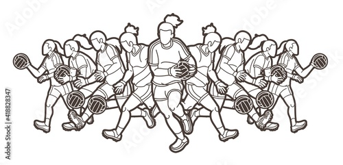 Group of Gaelic Football Female Players Sport Action Cartoon Graphic Vector.