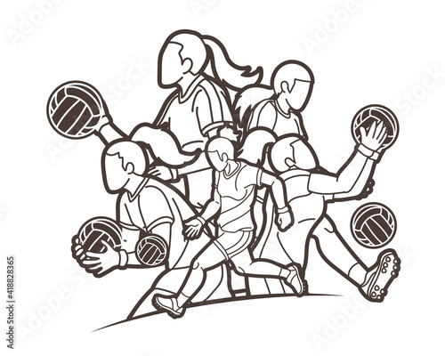 Group of Gaelic Football Female Players Sport Action Cartoon Graphic Vector.