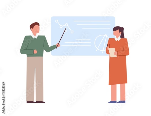 Teacher and student showing presentation at conference. People presenting and...