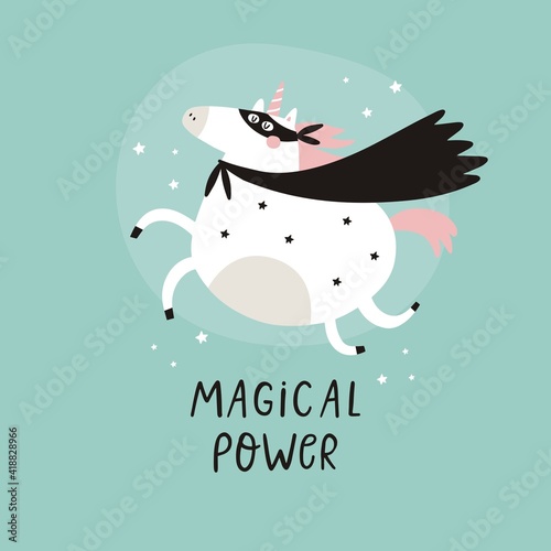 Cute vector character Unicorn - super hero. Fun poster for children