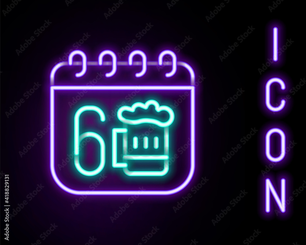 Glowing neon line Saint Patricks day with calendar icon isolated on black background. Four leaf clover symbol. Date 17 March. Colorful outline concept. Vector. Glowing neon line Saint Patricks day with calendar icon isolated on black background. Four leaf clover symbol. Date 17 March. Colorful outline concept. Vector.
