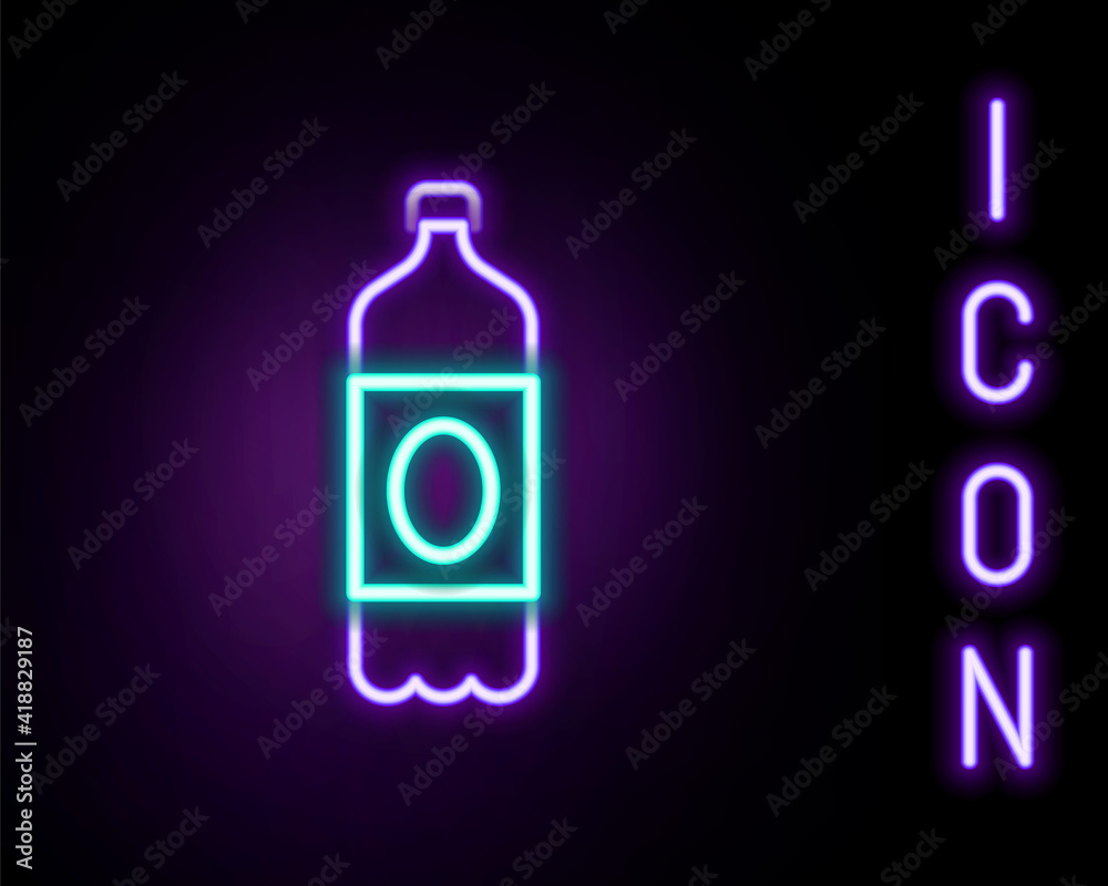 Glowing neon line Plastic beer bottle icon isolated on black background. Colorful outline concept. Vector. Glowing neon line Plastic beer bottle icon isolated on black background. Colorful outline concept. Vector.