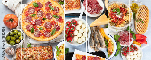 Collage of traditional Italian foods with pizza, pasta, olives, vegetables.