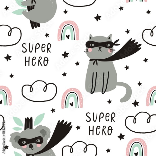 Cute super hero character animals. Hand drawn animals in super hero costume. Scandinavian print for Kids