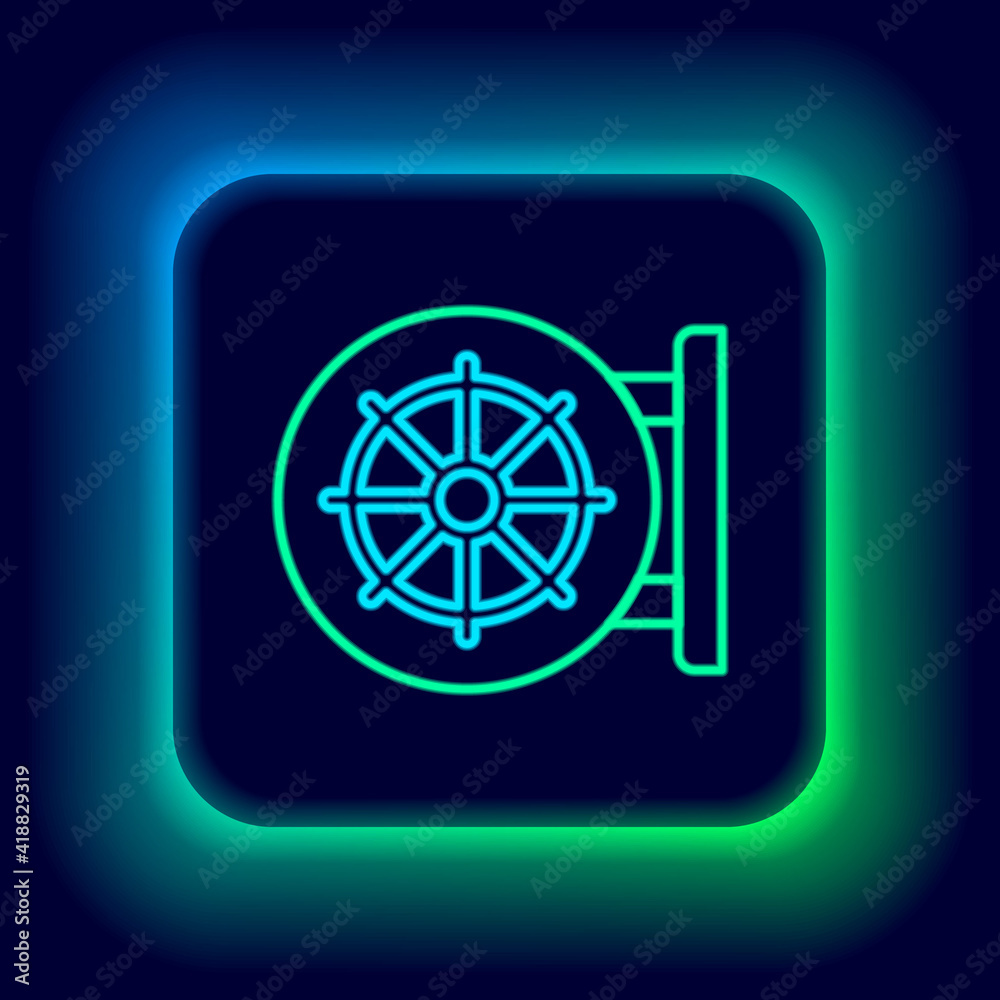 Glowing neon line Dharma wheel icon isolated on black background. Buddhism religion sign. Dharmachakra symbol. Colorful outline concept. Vector. Glowing neon line Dharma wheel icon isolated on black background. Buddhism religion sign. Dharmachakra symbol. Colorful outline concept. Vector.
