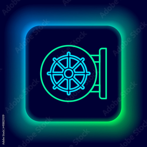 Glowing neon line Dharma wheel icon isolated on black background. Buddhism religion sign. Dharmachakra symbol. Colorful outline concept. Vector.