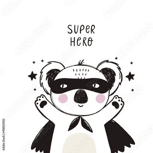 Cute super hero character animals. Hand drawn animals in super hero costume. Scandinavian print for Kids