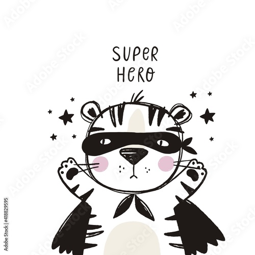 Cute super hero character animals. Hand drawn animals in super hero costume. Scandinavian print for Kids
