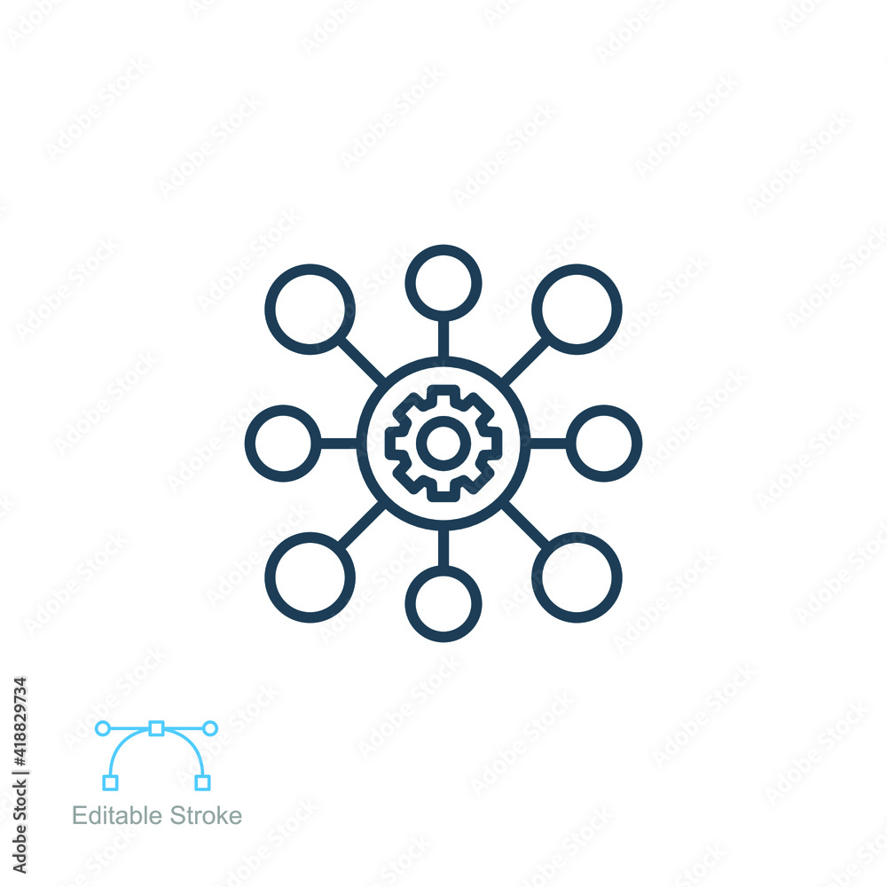 Framework outline icon. Software integration, test automation  with gear in round concept  can be used for web and mobile. Editable stroke. Vector illustration. Design on white background. EPS 10