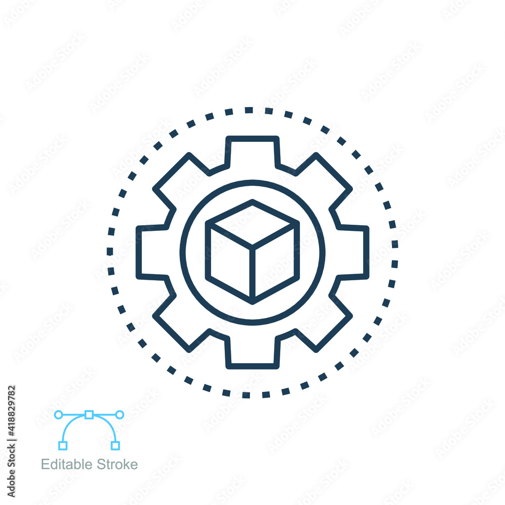 Product development outline icon. Cube and gear in round for startup logo for web and mobile. Box package industrial production. Editable stroke Vector illustration. Design on white background EPS 10. Product development outline icon. Cube and gear in round for startup logo for web and mobile. Box package industrial production. Editable stroke Vector illustration. Design on white background EPS 10.