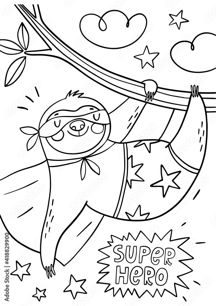 Coloring page with cute Sloth Unicorn. Monochrome vector illustration