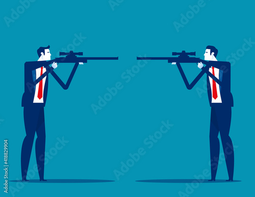 Business people and partners turned their guns and ready to shoot each other