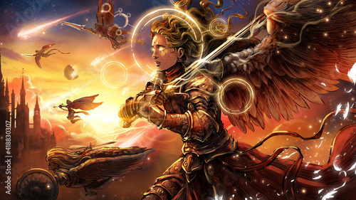 Dekoracja na wymiar  angelic-army-depicts-a-beautiful-female-knight-flying-across-the-sky-into-battle-with-a-magical-sword-in-hand-with-her-fellow-angels-beside-her-in-the-background-there-is-a-large-gothic-castle