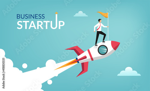 Successful businessman start up holding flag on rocket flying through sky. Business concept illustration.