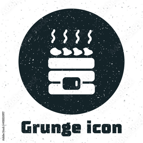 Grunge Hot sauna stones icon isolated on white background. Spa resort recreation, bathhouse relaxation. Hot stones on electric heater. Monochrome vintage drawing. Vector.