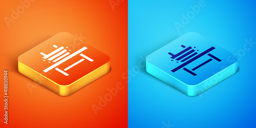Isometric Sauna bench with bucket icon isolated on orange and blue background. Vector.