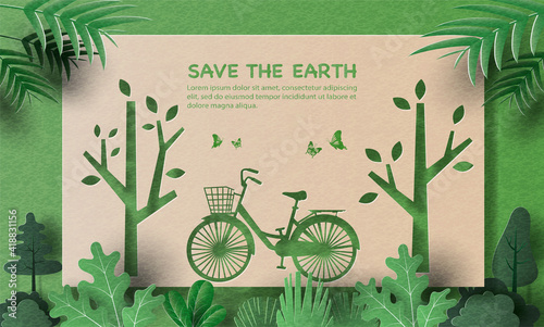 Earth Day, a bicycle banner design, save the planet and energy concept, paper illustration, and 3d paper.