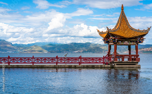 Haixin pavilion and Erhai lake panorama Dali Yunnan China