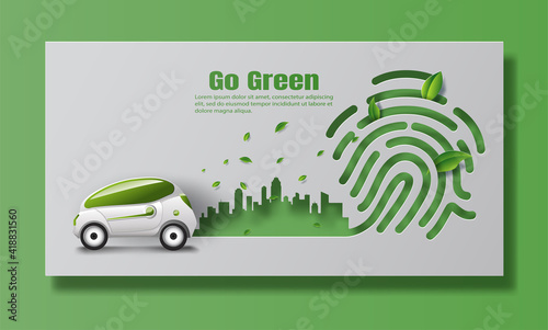 The electric car in a modern city, save the planet and energy concept, paper illustration, and 3d paper.
