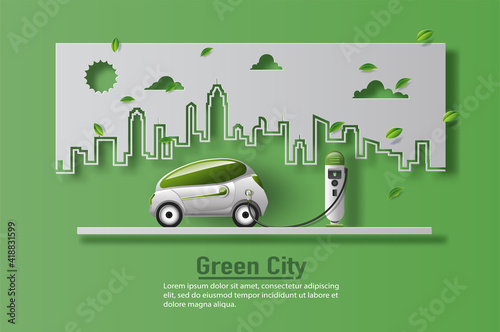 Electric car with EV charger station in a modern city, save the planet and energy concept, paper illustration, and 3d paper.