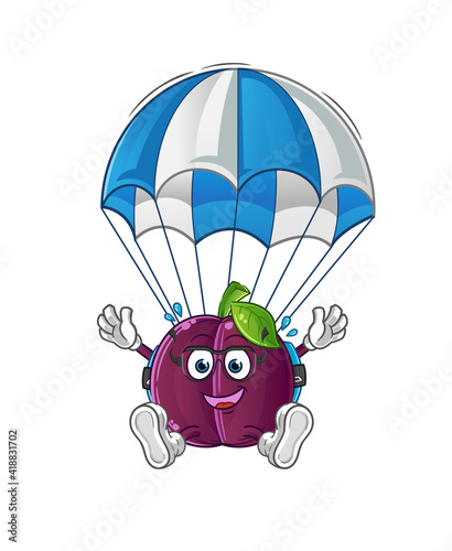 Fototapeta Naklejka Na Ścianę i Meble -  plum skydiving character. cartoon mascot vector