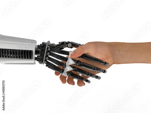 Image of human and robot handshake 3D illustration