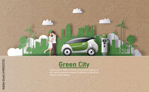 A landscape of couple and electric car with EV charger station in a modern city, save the planet and energy concept, paper illustration, and 3d paper.