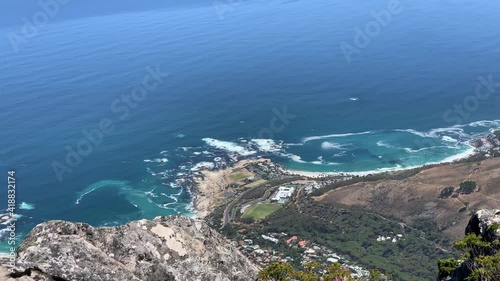 Table Mountain One of the Seven Wonders of Nature aerial view of Clifton beach and deep blue Atlantic Ocean on the Cape Peninsula