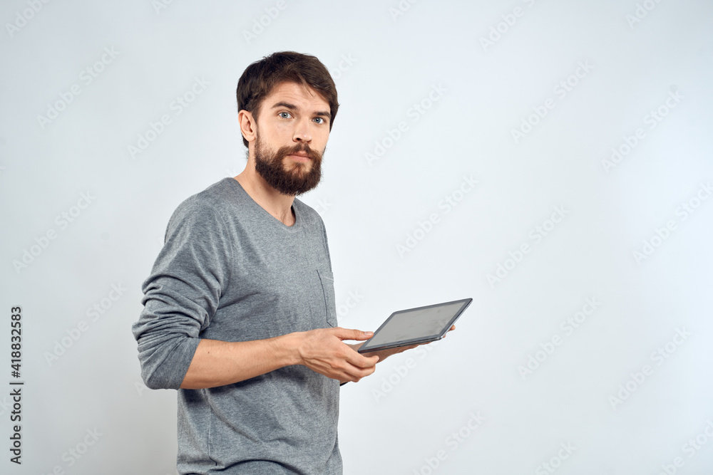 man technology wireless device communication lifestyle light background man technology wireless device communication lifestyle light background