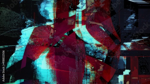 Trippy grunge cyberpunk anime manga HUD Glitch Background. 3D illustrated computer screen system failure, chaos, cybercrime, or matrix gaming style. Interference noise motion abstract digital hologram photo