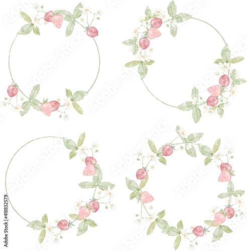 watercolor wild strawberry branch flower wreath frame collection for logo or banner