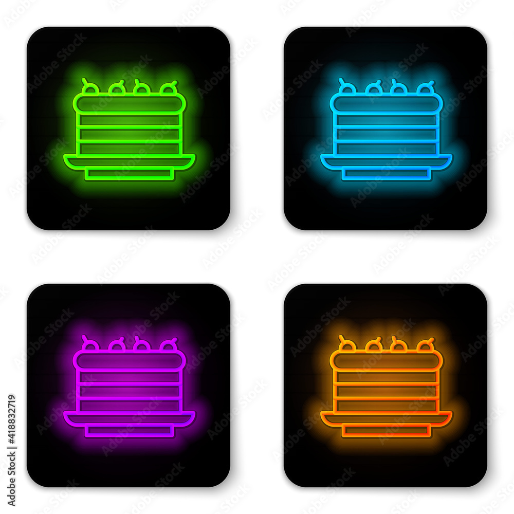 Glowing neon line Cake icon isolated on white background. Happy Birthday. Black square button. Vector. Glowing neon line Cake icon isolated on white background. Happy Birthday. Black square button. Vector.