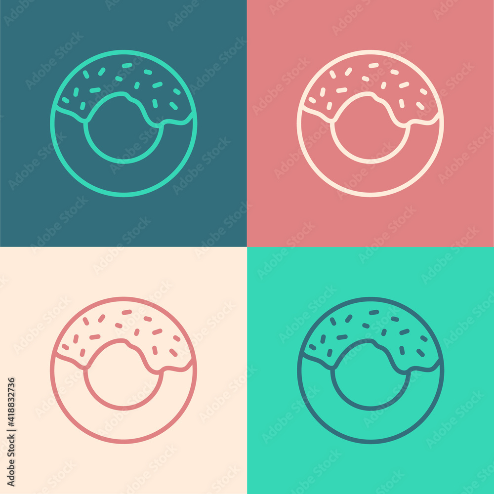 Pop art line Donut with sweet glaze icon isolated on color background. Vector.