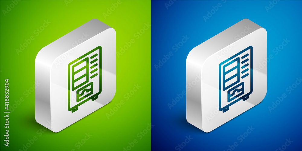 Isometric line Vending machine of food and beverage automatic selling icon isolated on green and blue background. Silver square button. Vector. Isometric line Vending machine of food and beverage automatic selling icon isolated on green and blue background. Silver square button. Vector.