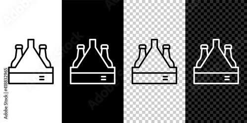 Set line Pack of beer bottles icon isolated on black and white,transparent background. Case crate beer box sign. Vector.