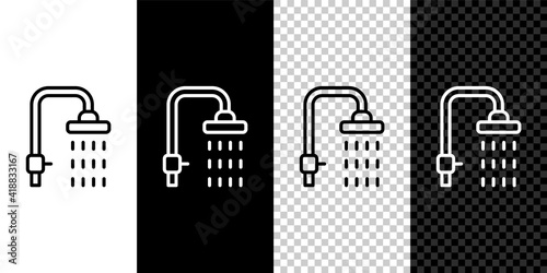 Set line Shower head with water drops flowing icon isolated on black and white,transparent background. Vector.
