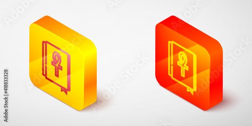 Isometric line Cross ankh book icon isolated on grey background. Yellow and orange square button. Vector.