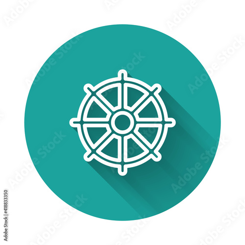 White line Dharma wheel icon isolated with long shadow background. Buddhism religion sign. Dharmachakra symbol. Green circle button. Vector.