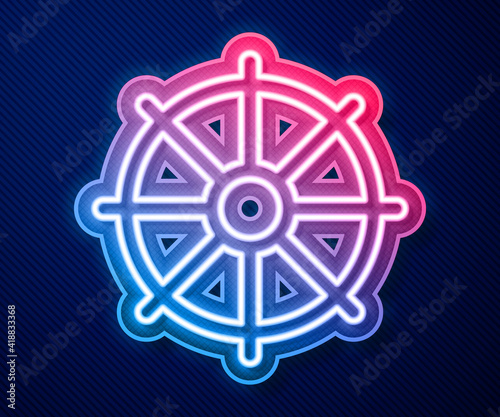 Glowing neon line Dharma wheel icon isolated on blue background. Buddhism religion sign. Dharmachakra symbol. Vector.