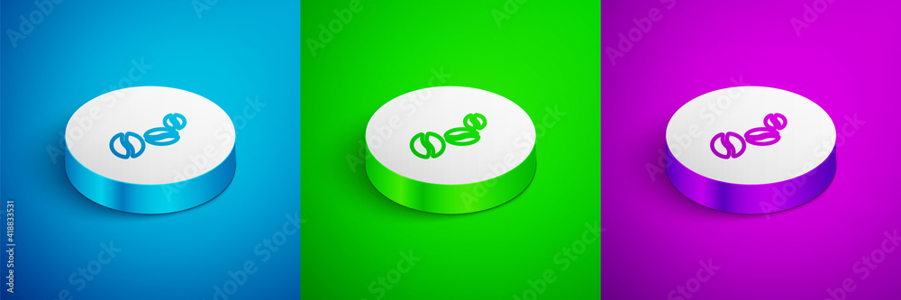 Isometric line Coffee beans icon isolated on blue,green and purple background. White circle button. Vector. Isometric line Coffee beans icon isolated on blue,green and purple background. White circle button. Vector.