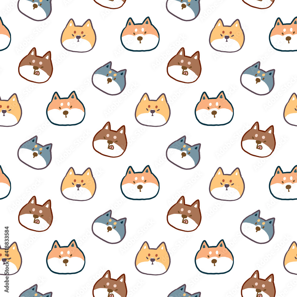 Seamless Pattern with Cartoon Shiba Inu Face Design on White Background