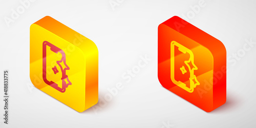 Isometric line Glass screen protector for smartphone icon isolated on grey background. Protective film for glass. Transparent soft glass for mobile phone. Yellow and orange square button. Vector.