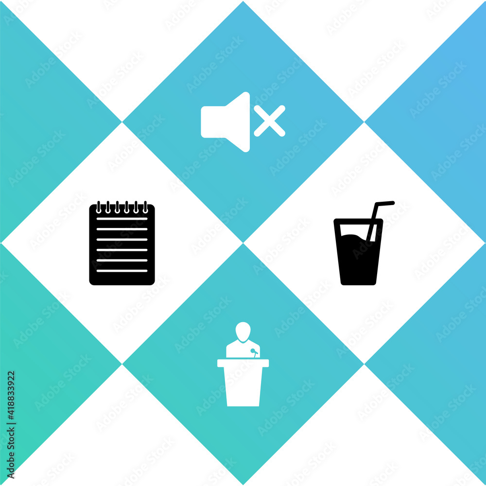 Set Notebook, Speaker, mute and Glass with water icon. Vector. Set Notebook, Speaker, mute and Glass with water icon. Vector.