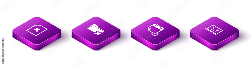 Set Isometric Delete file document, folder, Calendar with check mark and Dead laptop icon. Vector. Set Isometric Delete file document, folder, Calendar with check mark and Dead laptop icon. Vector.