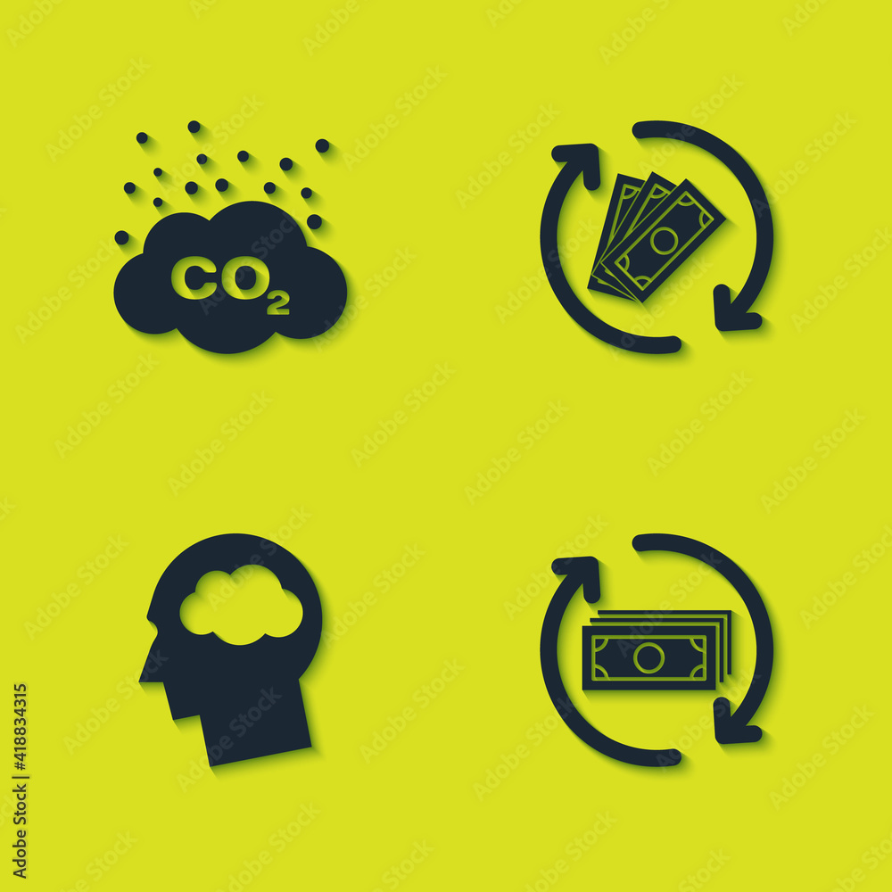 Set CO2 emissions in cloud, Refund money, Head silhouette with and icon. Vector. Set CO2 emissions in cloud, Refund money, Head silhouette with and icon. Vector.