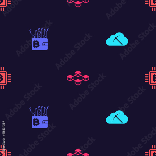 Set Cryptocurrency cloud mining, wallet, Blockchain technology and CPU farm on seamless pattern. Vector.